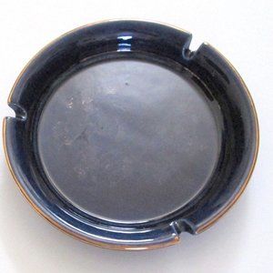 Hyalyn Ceramic Ashtray Round Cobalt Blue Gold Trim 6 Inches Cork Back